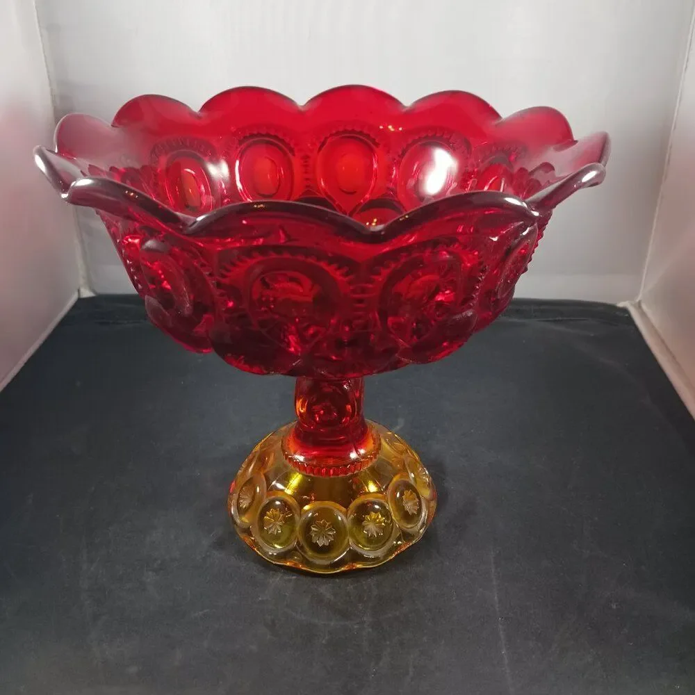 LE Smith Moon & Stars Red Orange Glass Pedestal Footed Compote Candy Dish Bowl